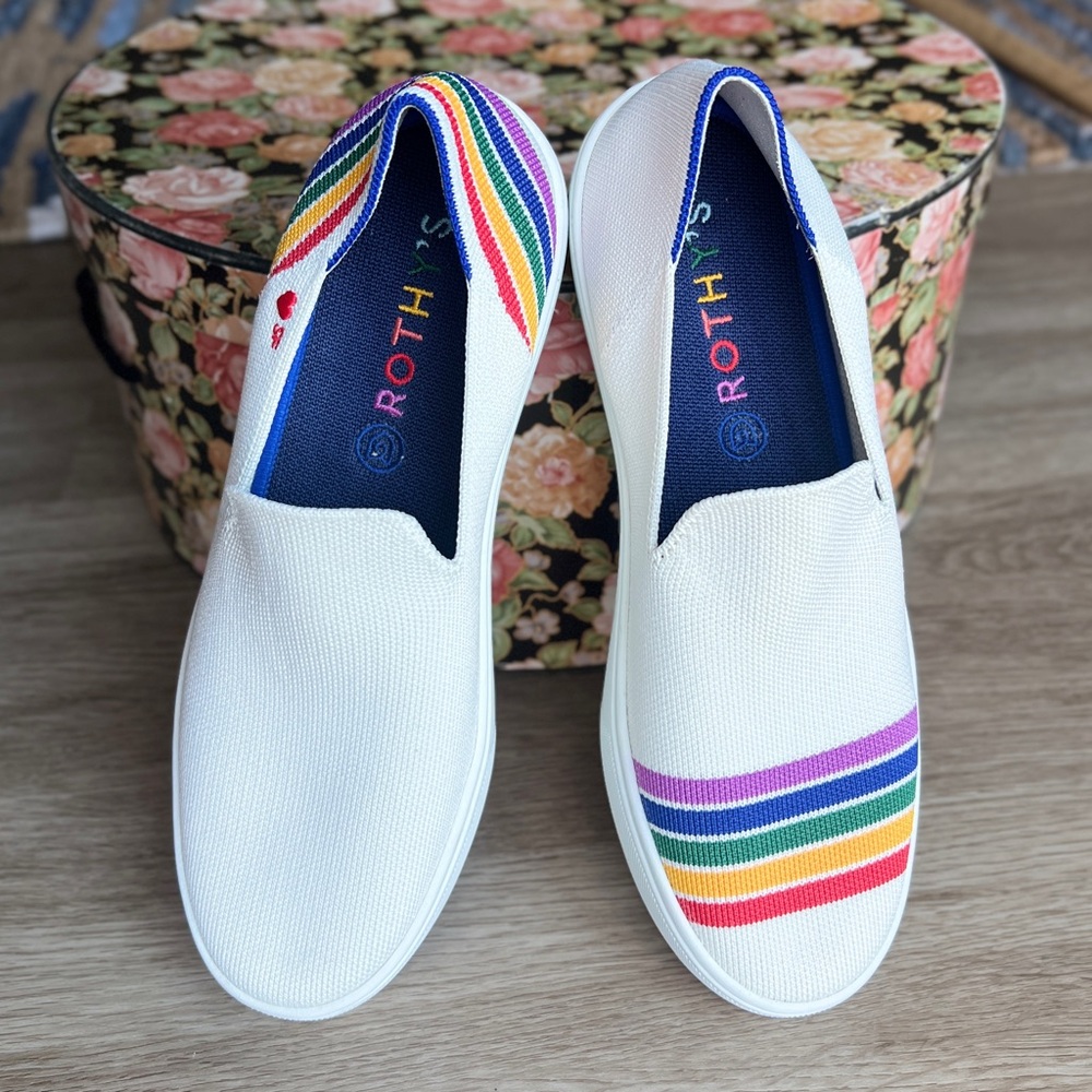 Rothy's SF Pride White Slip-On Sneakers with Rainbow Stripes